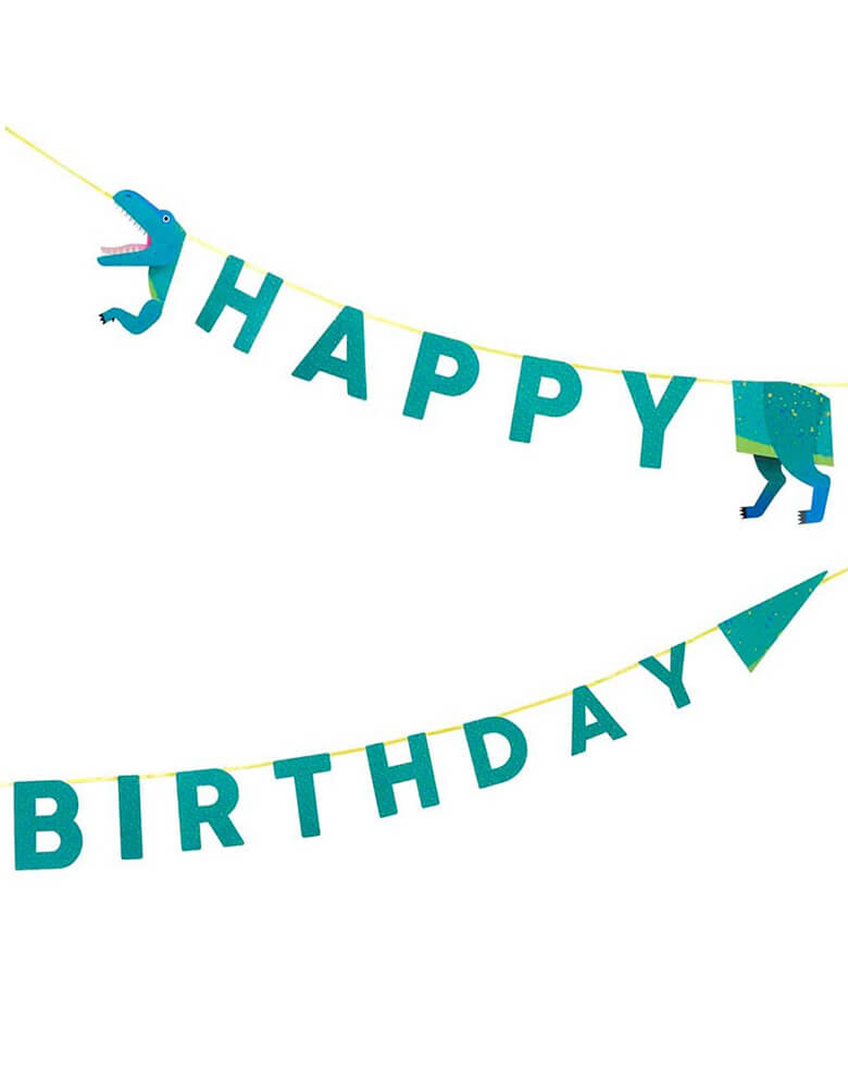 Talking Tables Dinosaur Happy Birthday Garland in green with dinosaur's head and tail on the sides of the banner