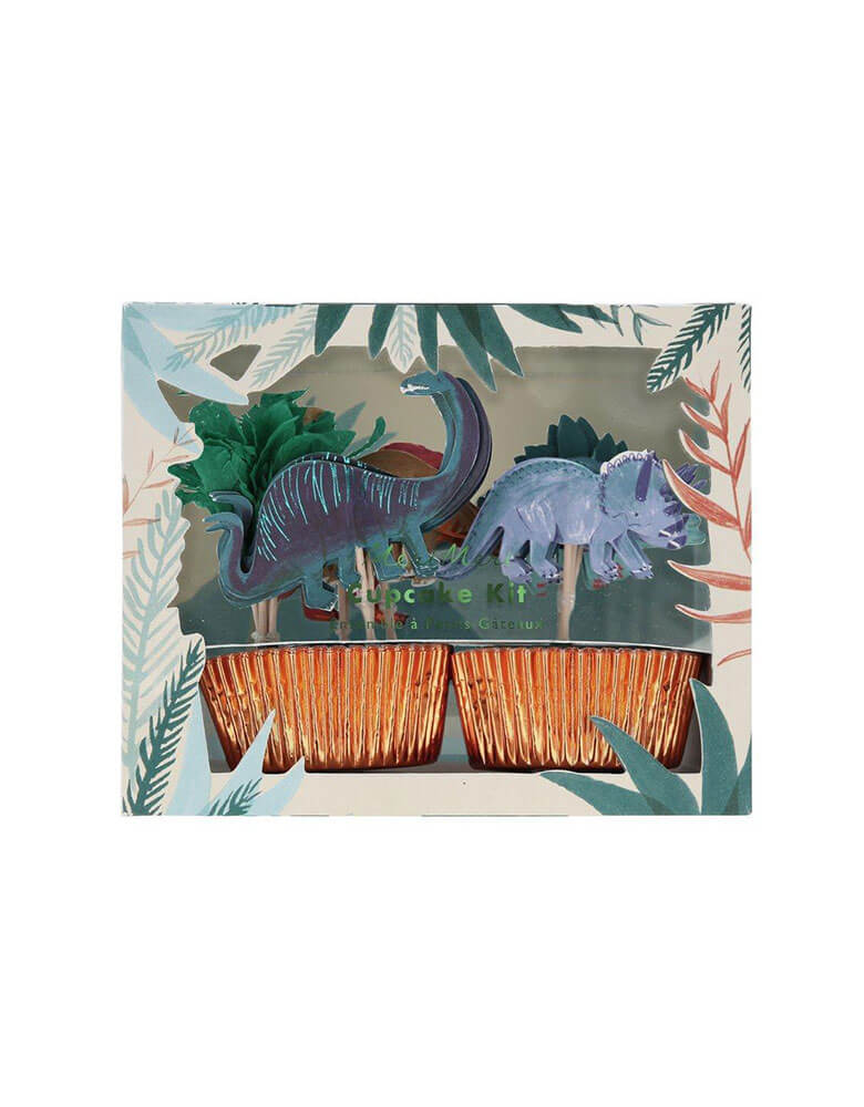 Meri Meri Dinosaur Kingdom Cupcake Kit featuring topper in the design of t-rex, Triceratops and paper palm trees, kit Pack come with 24 cases in 6 designs