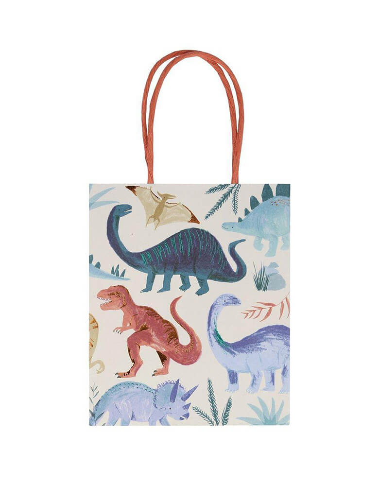 Meri Meri Dinosaur Kingdom Party Bags with twisted paper handles and beautifully illustrated dinosaur design, pack of 8
