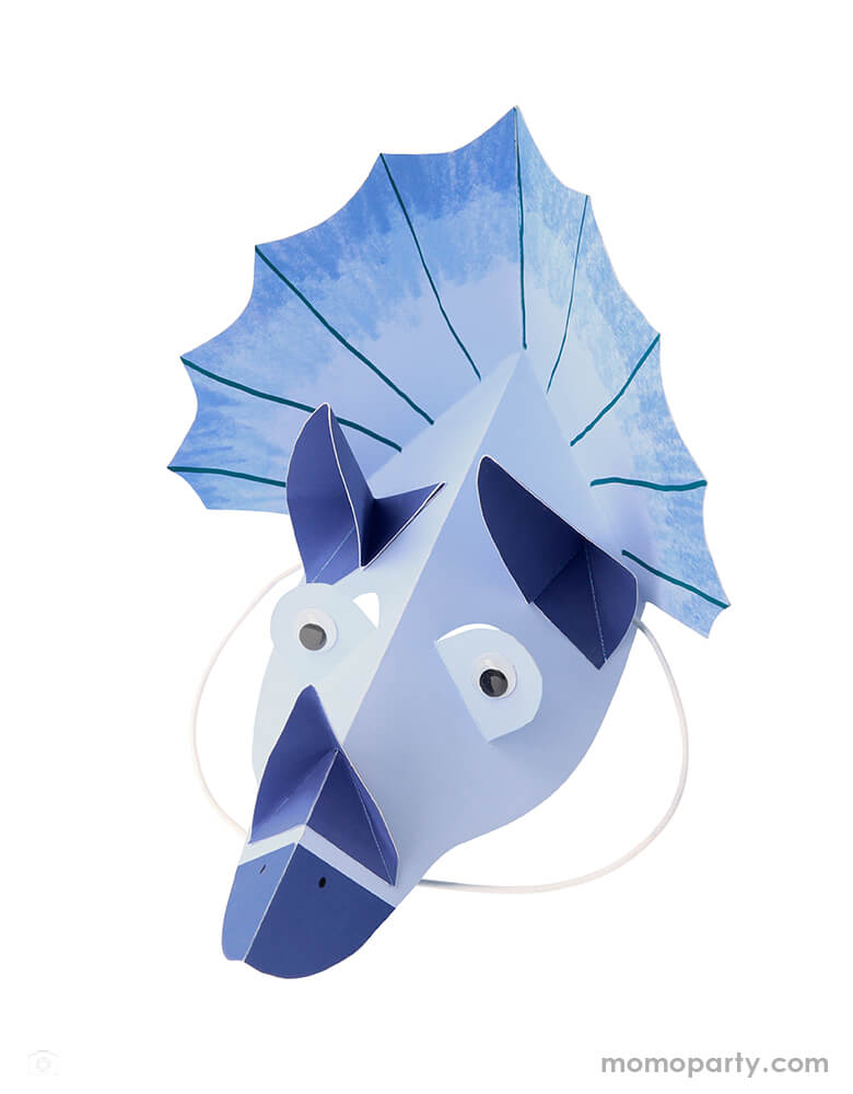 Meri Meri - 205480 Dinosaur Kingdom Party Hats in blue. These Dinosaur Kingdom Party Hats  in 4 colors featuring googly eyes with white elastic. they are truly roar-some!  Make a dinosaur party extra special with these amazing Triceratops hats. 