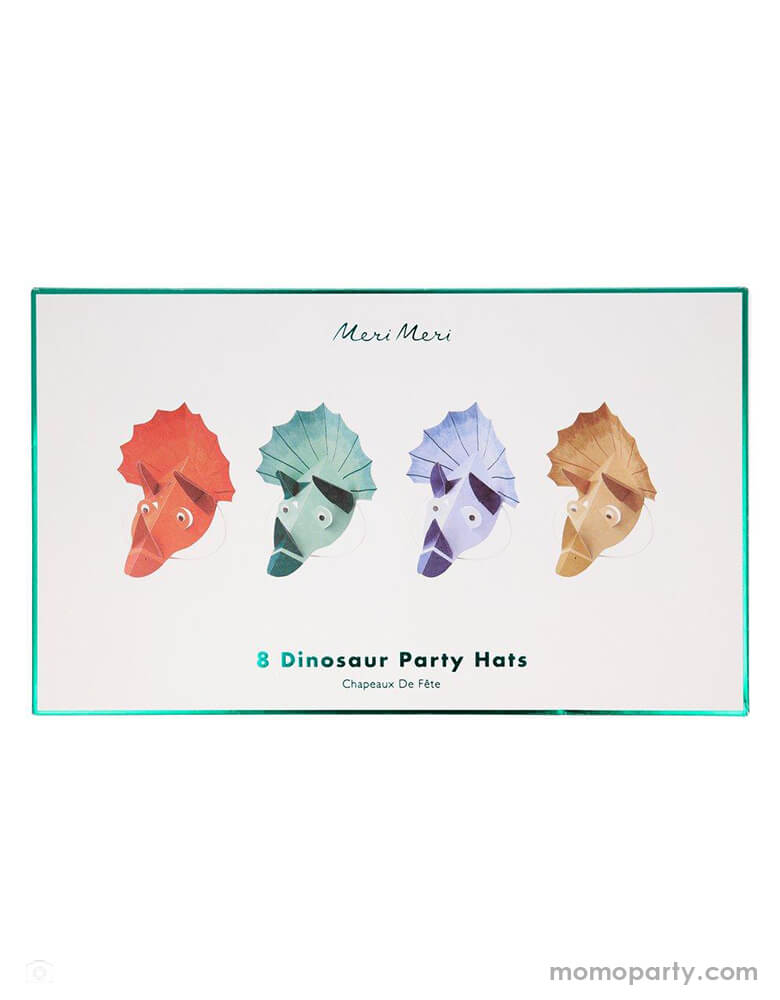 Meri Meri - 205480 Dinosaur Kingdom Party Hats in a eco-friendly paper box. These Dinosaur Kingdom Party Hats  in 4 colors featuring googly eyes with white elastic. they are truly roar-some!  Make a dinosaur party extra special with these amazing Triceratops hats. 