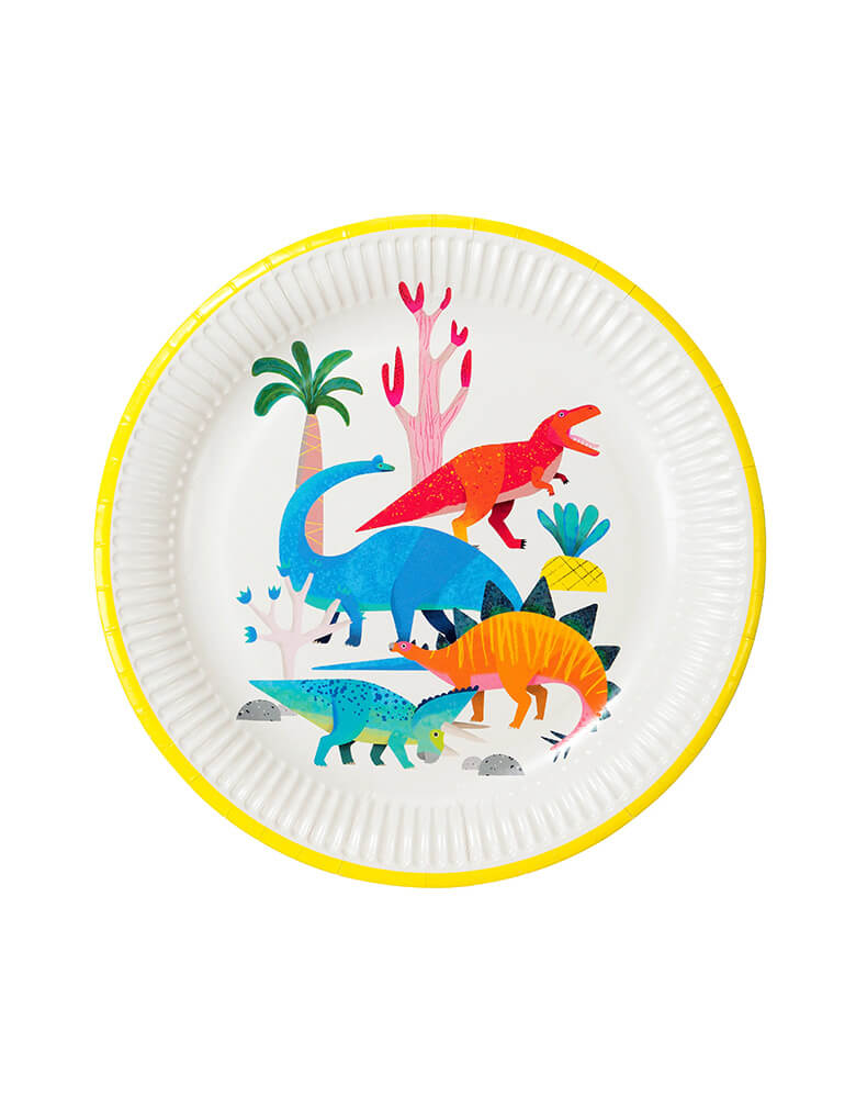 Talking Table's 9 inch dinosaur round plates with cute watercolor illustrations of different dinosaurs in bright colors with a yellow edge around it