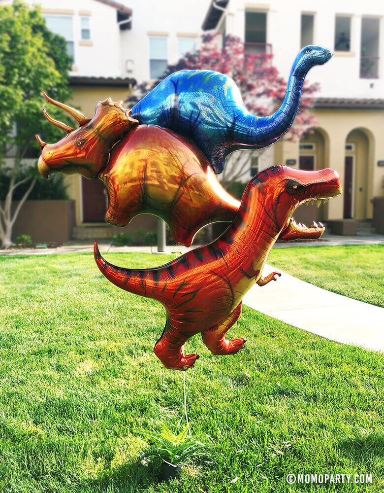 3 Giant Dinosaur Mylar Balloons of T-REX Mylar Balloon, Blue Apatosaurus, and Stegosaurus Mylar Balloons