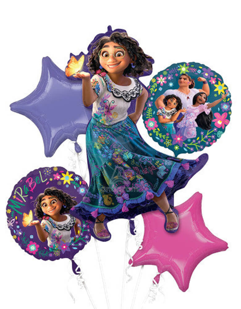 Anagram Balloon Disney Encanto Foil Mylar Balloon Bouquet - This magical balloon bouquet includes a large Mirabel focus balloon, round balloons that feature Luisa and Isabela, and star-shaped balloons in purple and pink. The bundle is perfect for decorating your child's Encanto-themed birthday or gifting along with a basket full of treats.