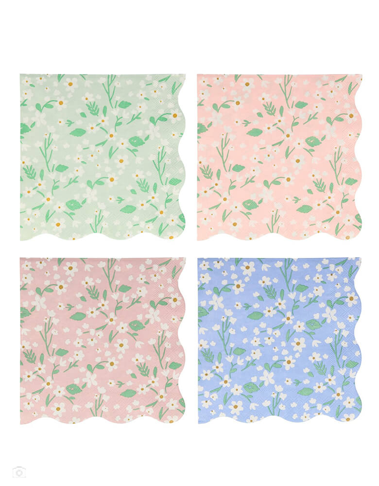 Meri Meri Ditsy Floral Large Napkins. Feature a fabulous floral pattern with a stylish scalloped edge in four complementary colors - blue, green, peach and pink. They are crafted from 3-ply paper, in 6.5 x 6.5 inches when folded, so are practical as well as decorative, Made from eco-friendly paper.