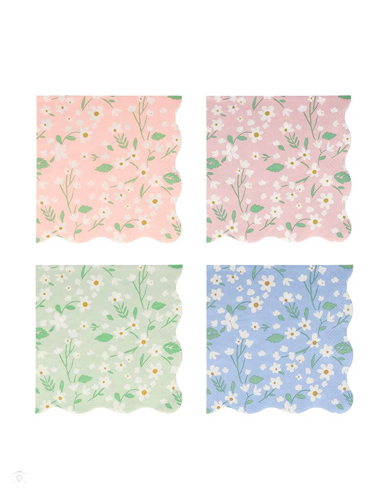 Meri Meri Ditsy Floral Small Napkins. Feature a fabulous floral pattern with a stylish scalloped edge in four complementary colors - blue, green, peach and pink. They are crafted from 3-ply paper, in 5 x 5 inches when folded, so are practical as well as decorative, Made from eco-friendly paper.