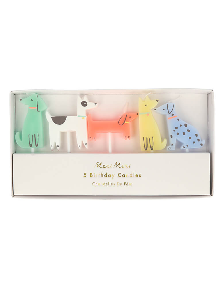 Meri Meri 215812 Dog Candles. Each set features 5 cute doggie in green, white, neon coral, yellow and blue colors. party supplies for pet's party, bow wow birthday party, dog themed birthday party, pets lover 
