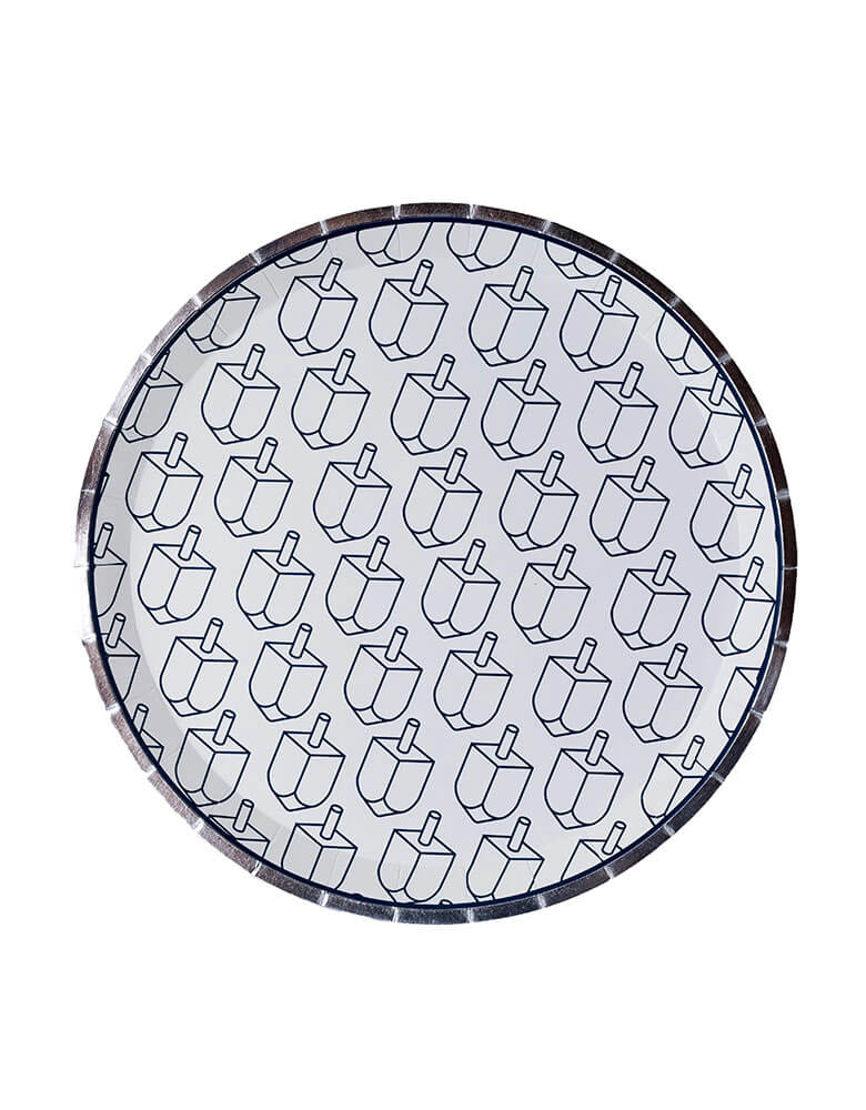 Momo Party's 9" round plates by Jollity & Co. featuring silver foil rim and navy printed Dreidels, they are perfect for a modern Hanukkah celebration.