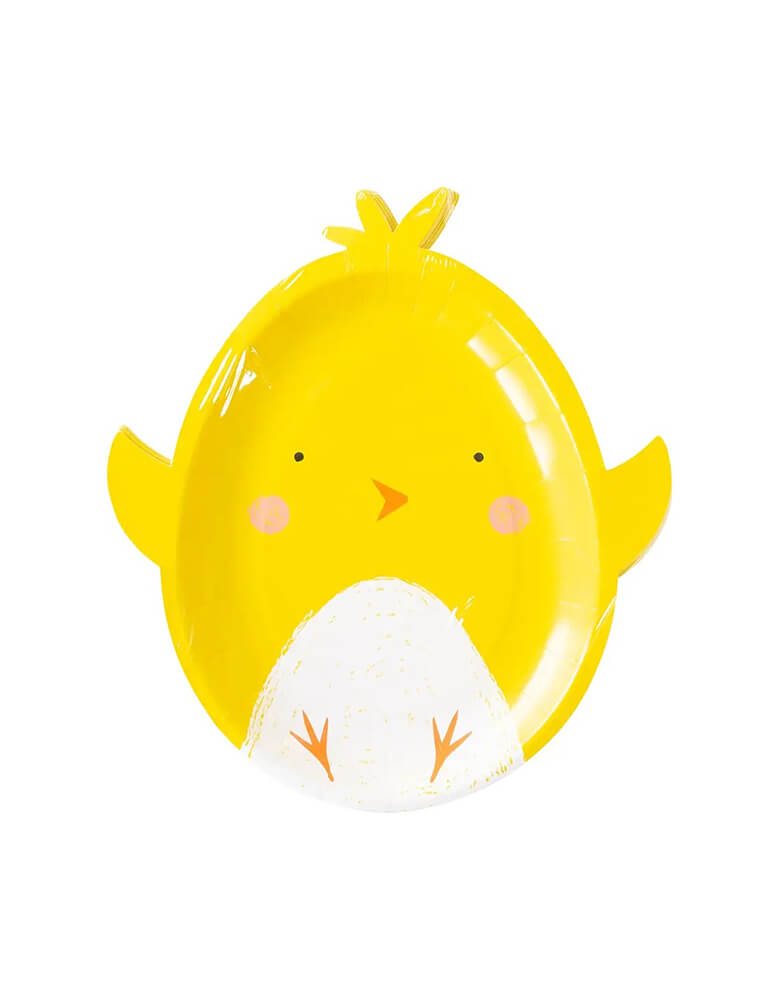 Momo Party's 9"x 10" Easter Chick shaped plates by My Mind's Eye, featuring a diecut chick shaped design in cheerful yellow, these plates are perfect for your Easter celebration party table.