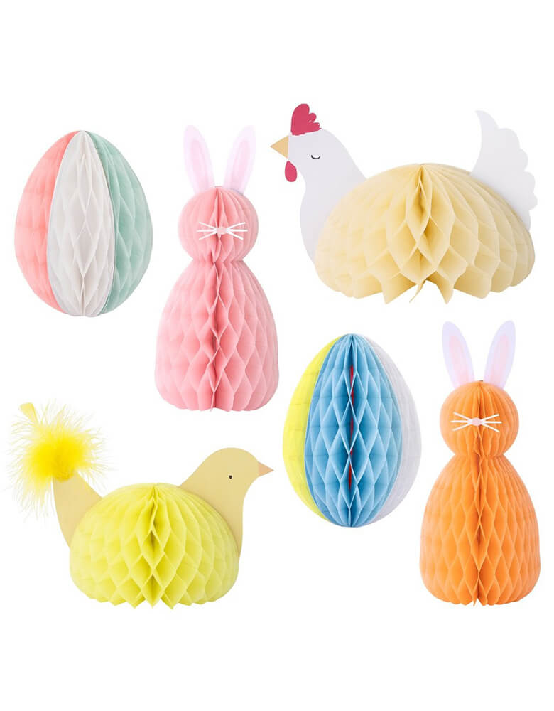 Meri Meri  - Easter Honeycomb Decorations. It features two bunnies, two striped eggs, a hen and a chick, with amazing paper tissue honeycomb details. the chick is adorned with fluffy tail feathers Attach the bunnies' pompom tails, and nose and whisker stickers - supplied in the set Includes instructions, and paper clips, for easy assemble. This high quality easter decoration is perfect for your easter party table, spring party, farm themed party, easter basket decorations, home decoration for easter.