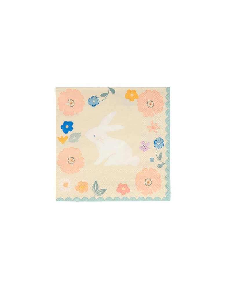 Meri Meri Easter Small Napkins. These beautifully illustrated napkins feature bunnies and flowers in gorgeous pastel shades illustration design, it will add color and style to your Easter celebrations. The scalloped edge design looks sensational on your Easter table, spring party, Tea party