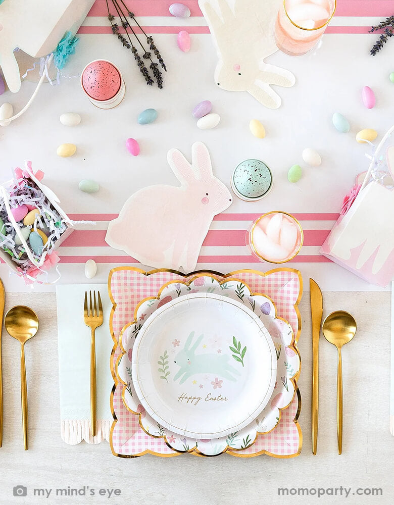 Easter Party tablescape with Momo Party 5.5 x 6.5 inches watercolor bunny napkins by My Mind's Eye. Featuring watercolor design, with soft colors and adorable illustrations, they're perfect for your Easter gathering or a sweet baby girl shower!