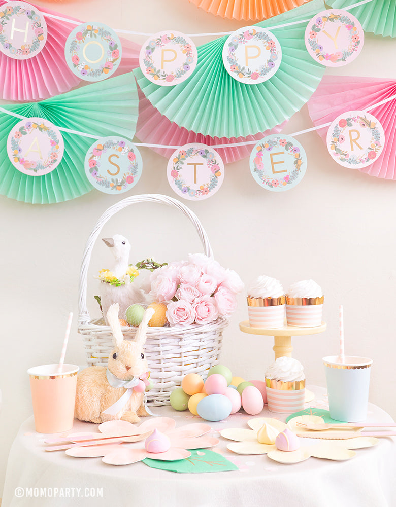 Modern pastel Easter Party celebration idea with Bunting Fan Garlands, Rifle Paper Garden Party Letter Garland, Woodland Bunny Foil Mylar Balloon as decoration, and Pastel Daisy Large Plates, Pastel Cups, Leaf Napkins and Easter Basket for dessert table