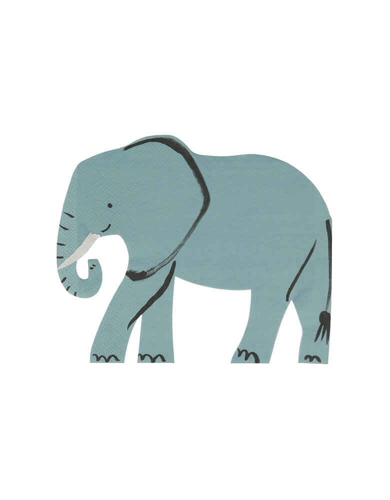 Momo Party's 7 x 5.75" elephant shaped napkins by Meri Meri, comes in a set of 16 napkins, with an adorable illustration, they're perfect for kid's jungle or animal themed birthday party, including a "Wild One" first birthday party or a "Two Wild" second birthday party for a toddler.