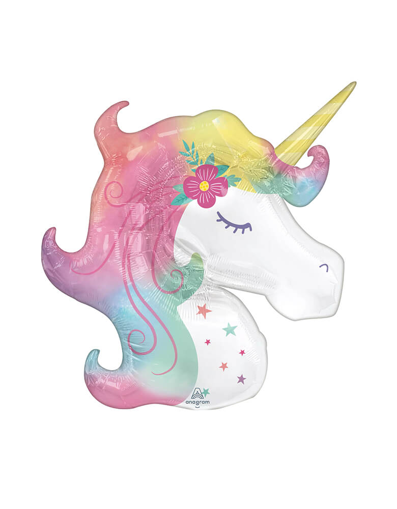 Anagram Balloons - 42893 Enchanted Unicorn SuperShape™ P35. Add the magic to your little one's party with this 33 inches beautiful ombre colored unicorn foil balloon. 