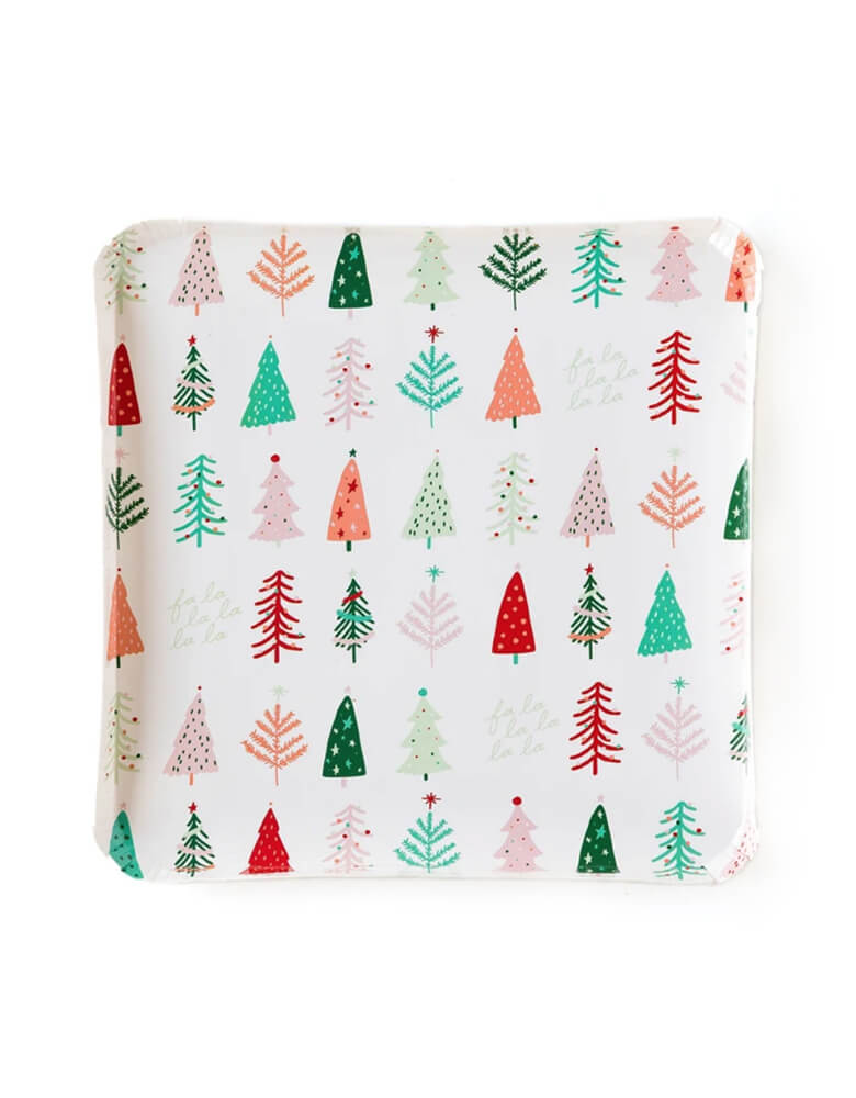 My Minds Eye 9 inch Fa La La Christmas Trees Plates, feathering a clean square shape design with whimsical tree pattern on it.