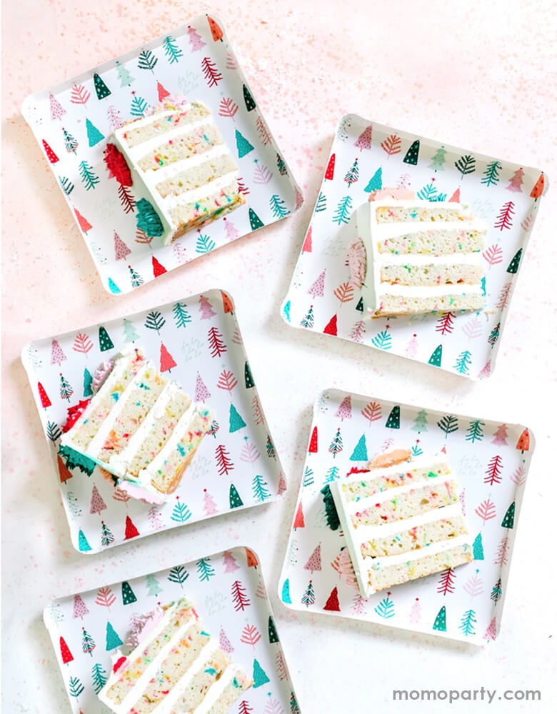Christmas table lay sides cakes on top of My Minds Eye 9 inch Fa La La Christmas Trees Plates. these cute plates feathering a clean square shape design with whimsical tree pattern on it. perfect for a elegant modern christmas party 