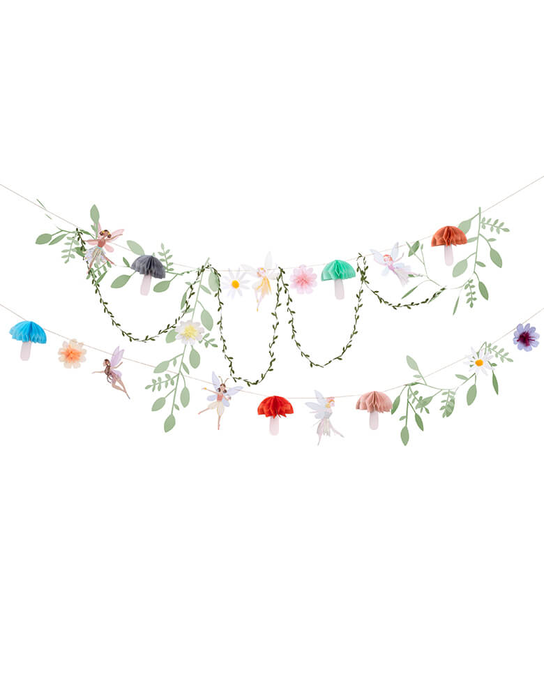 Meri Meri Fairy Garland. This 10' long garland features fairies, flowers, leaves and funghi, with lots of sensational embellishments. The flowers have sweet tissue paper tassels and pompoms, fairies have gorgeous iridescent threads in their skirts for a glittering look, The funghi have honeycomb detail for a 3D effect A fabric leaf ribbon adds extra style Lots of shimmering gold foil detail for a delightful effect. This beautiful garland will make a fairy or princess party look extra special.