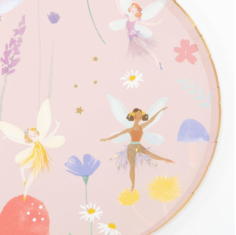 close up details of Meri Meri Fairy Dinner Plates. featuring pretty fairies, flowers and mushrooms illustration design with foil details. These gorgeous plates are perfect for a fairy party or whenever you want to add a magical touch to any celebration