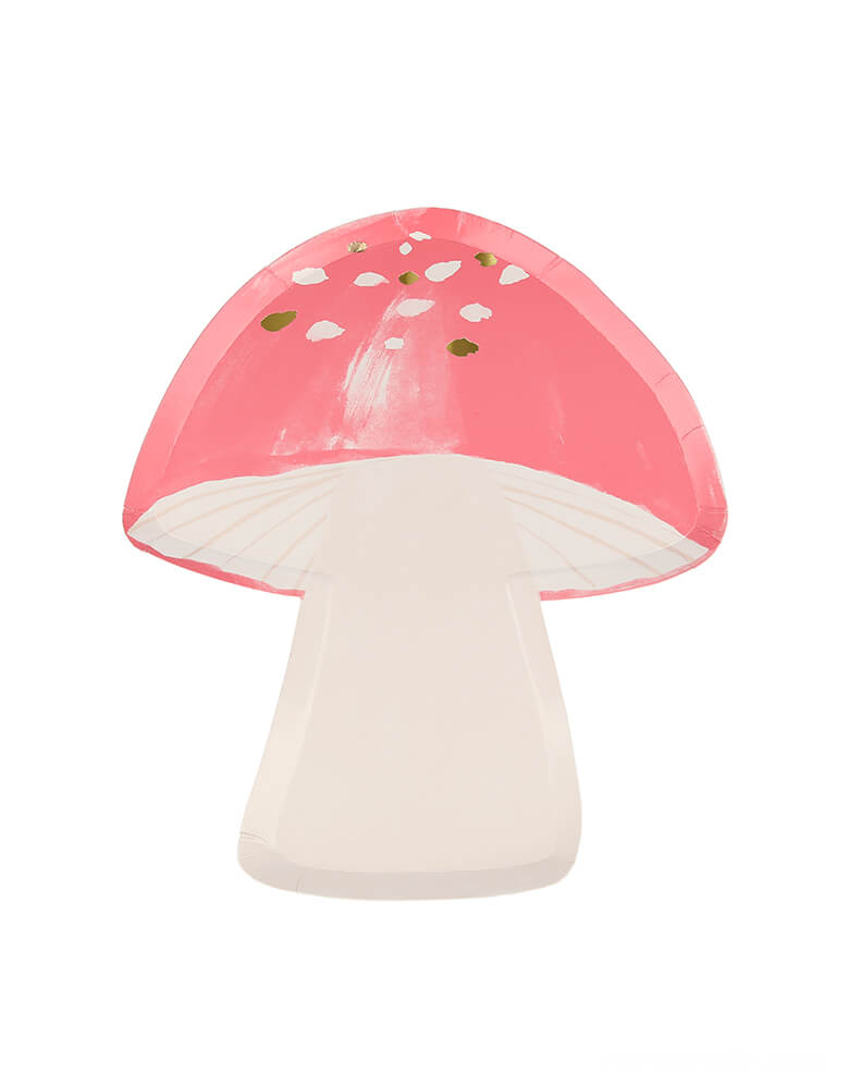 Meri Meri Fairy Toadstool Plates. made from eco friendly papaer. They feature shiny gold foil detail for a wonderful effect on the shape of a magical toadstool. erfect for a fairy or woodland themed party.