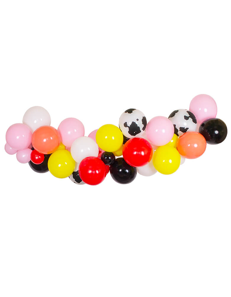 Barnyard Farm Balloon Garland with red, yellow, pink, white, black and cow printed latex balloons