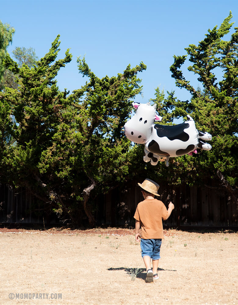 boy holding a 30" large unique shape cow foil mylar balloon walking on the yard