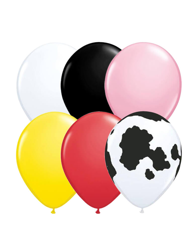 Latex balloon mix with 11inch Latex balloon in black, white, pink, red, yellow colors and cow print for a Farm animal themed birthday party celebration