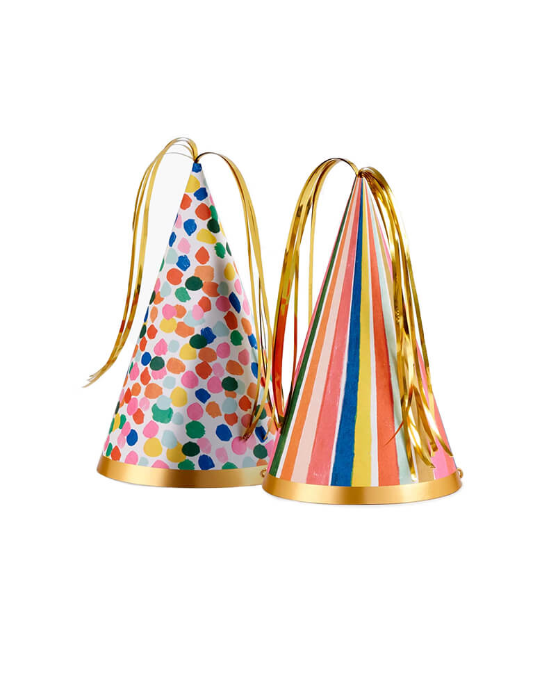 Rifle Paper Co - Feliz Party Hats. Feliz Party Hats. Cheerful stripes, festive confetti, and a gold pom pom make these paper hats a party essential for your next birthday bash. 