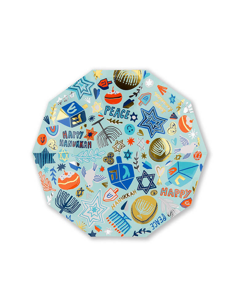Momo Party's 7.5" Festival of Lights Side Plates, set of 8 by Daydream Society featuring Hanukkah themed symbol including dreidels, star of David, nine-branched candelabra, Menorah candles and Sufganiyah in blue colors with gold and silver foil detail
