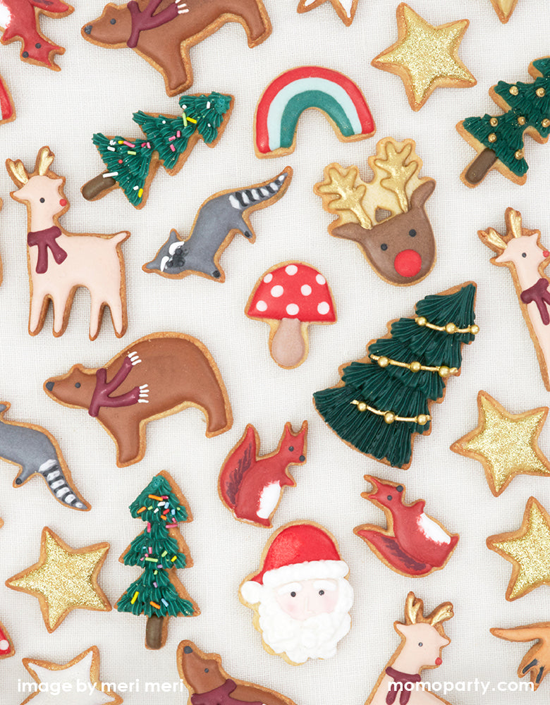 Holiday festive cookies with santa, Christmas tree, star, reindeer, racoon, mushroom, squirrels and more