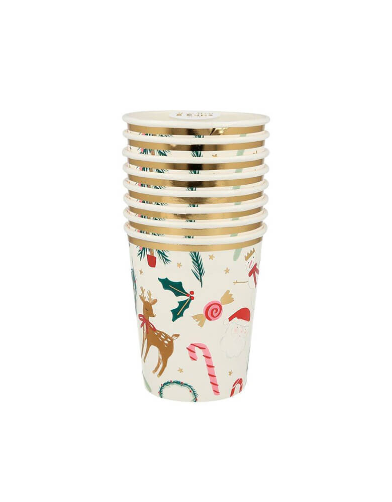 Meri Meri 9 oz Festive Motif Cups, set o 8 featuring Christmas icons including reindeer, candy cane, holly, snowman and wreath 