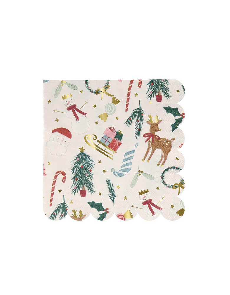 Meri Meri 6.5 inches Festive Motif large napkins with Iconic Christmas elements including candy cane, Santa, wreath, snowman, Christmas tree, holly, and stockings