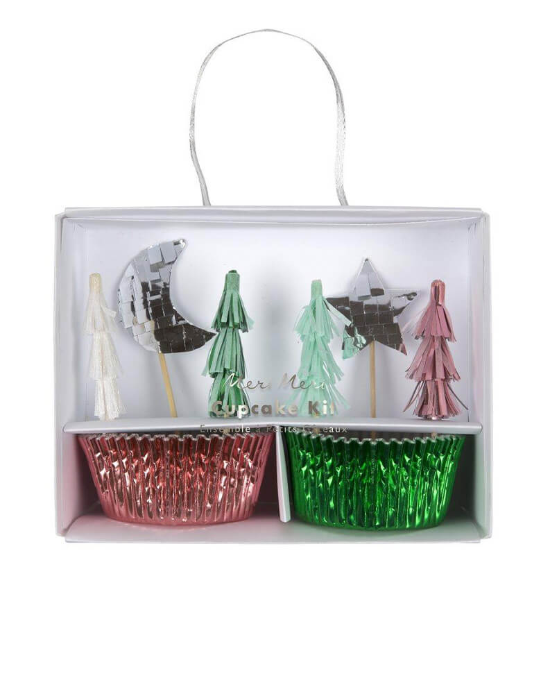 Meri Meri Festive-Tree-Cupcake-Kit featuring Christmas tree, moon and star toppers in pink silver and mint foil