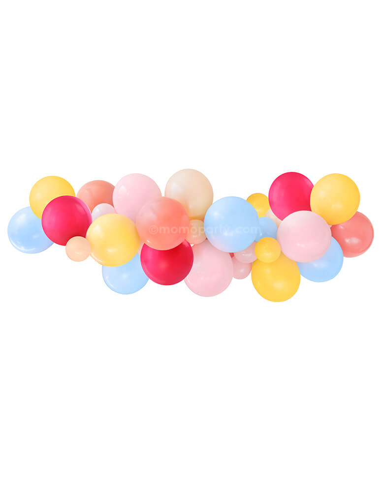 Momo Party Fiesta Balloon Garland. Assorted 11” (large) & 5” (small) latex balloons garland kit in coral, matte pastel pink, matte pastel blue, willberry, goldenrod and fashion blush, design for a modern Fiesta themed celebration, Boho Fiesta birthday. cinco de mayo celebration.