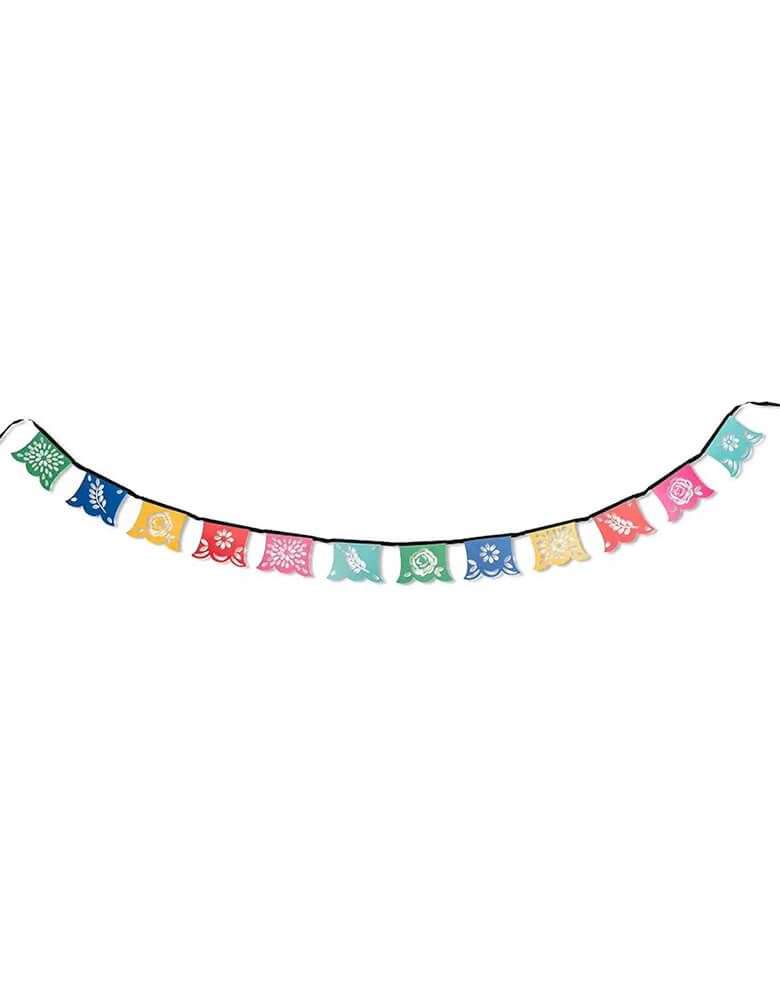 Momo Party's 79" Fiesta Colorful Party pennant banner by Weddingstar Inc. Made in the papel picado style, the colorful fiesta themed banner has four unique flower designs cut out of the vibrant teal blue, pink, red, yellow, dark blue, and green paper cardstock pennants in a dynamic style. Hang this banner inside your house, outside in the garden, across doorways, along table edges, or artfully placed on walls.