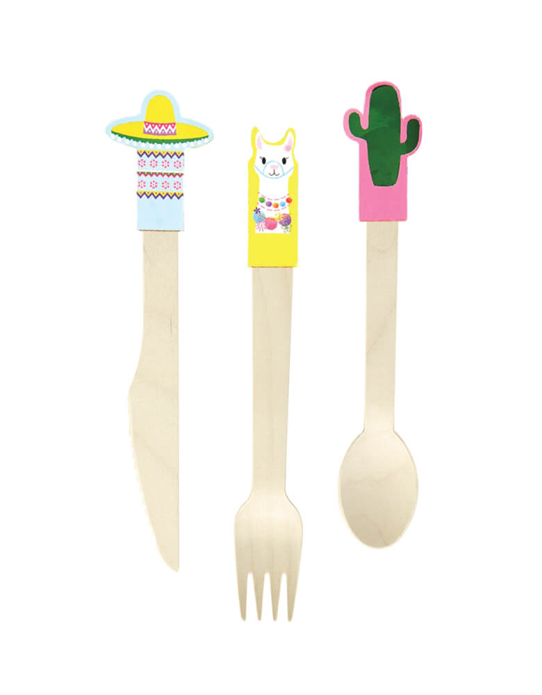 Ginger Ray - WOODEN CUTLERY - VIVA LA FIESTA. This Fiesta Wooden Cutlery Set featuring 18 piece pack of wodden spoon, knife and folk with fiesta element stickers on top. Use this fun wooden cutlery at your next fiesta feast! The wooden cutlery has fun fiesta themed designs and are sure to be a hit with all your guests!