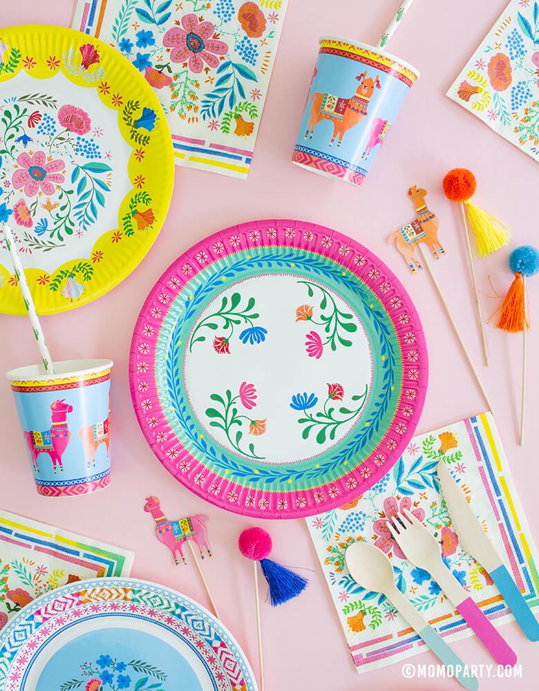 Boho Fiesta themed Morden Party tablewares of Taking table Boho Fiesta Floral Plates, Napkins, llama paper cups, Pom Pom Picks for Mexican Fiesta themed birthday party, Cinco de mayo Celebration
