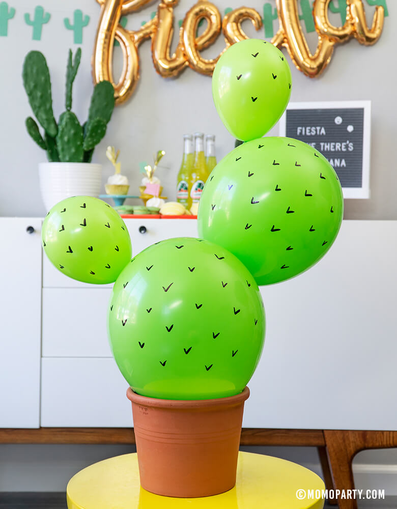 Cactus in a planter easy diy made with Lime Latex balloons inspiration for a modern Fiesta Cactus Theme party