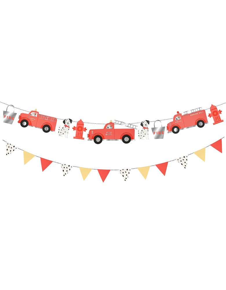 Momo Party's 10 ft fire truck garland set by Meri Meri, featuring bright red colors, shiny silver foil and adorable Dalmatian dog details, will set the scene for a kid's fire truck themed birthday party.