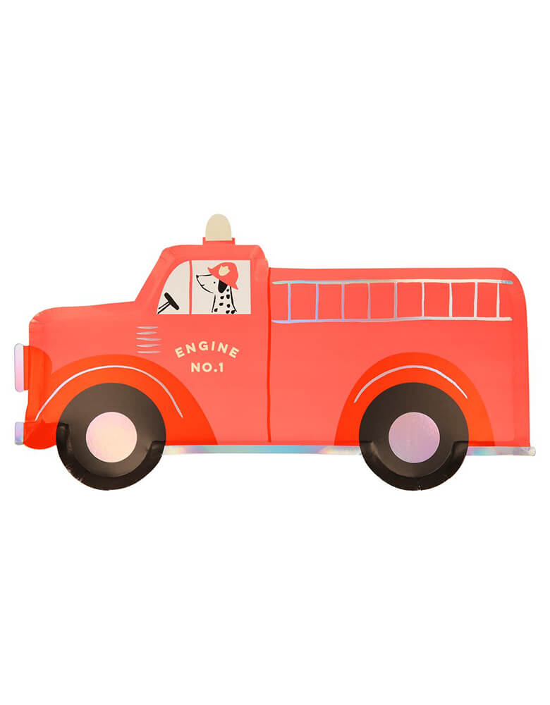 Fire Truck Plates By Meri Meri. This 13 inches fire truck shaped large plates in classic red and cute illustration of a dalmatian puppy as the driver on a truck with "Engine No. 1" on the side, they're stylish yet practical , perfect for a little boy's firefighter or fire truck themed birthday celebrations