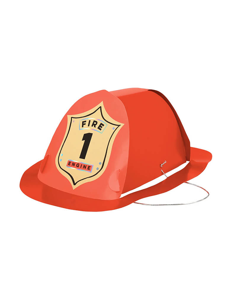 Momo Party's 7 x 4 x 10.75 inches firefighter hat by Meri Meri, made in recycled paper with a vintage firefighter badge design, it's perfect for kid's fire truck themed birthday party.