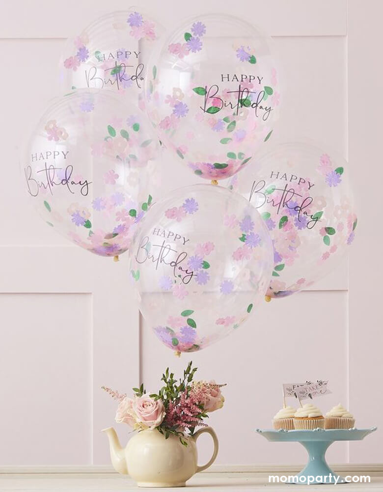 Floral confetti balloons by Ginger Ray. Set of 5 with clear confetti balloons filled with colorful confetti to add a splash of color, with Happy Birthday message on the balloons they are great for a girly birthday party or a floral themed birthday