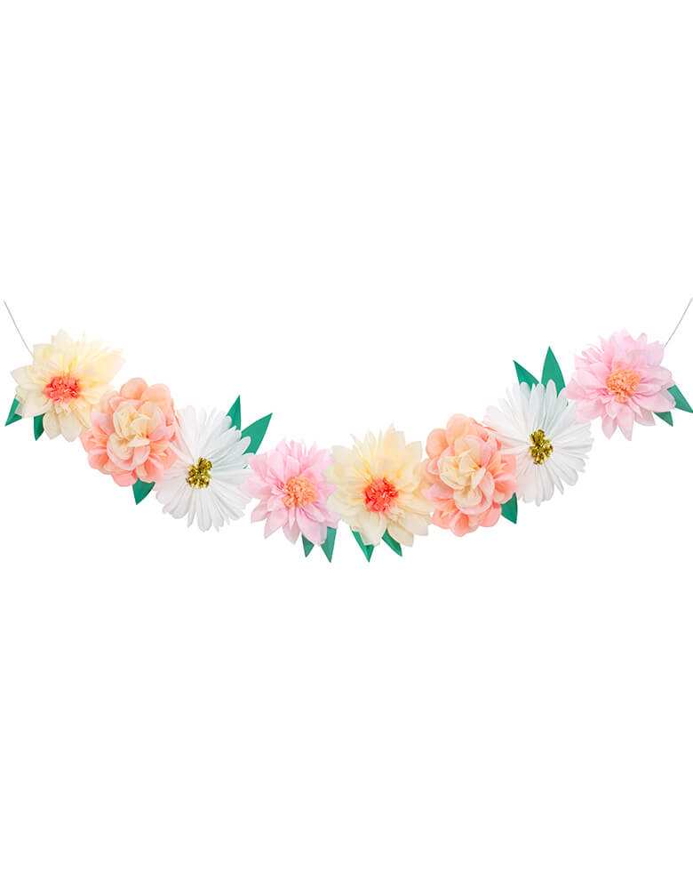 Meri Meri Flower Garden Giant Garland. Crafted from tissue paper, come with 8 tissue flowers pre-strung on natural cord with lots of gold foil detail. This gorgeous flower garland will add beauty to any celebratory setting, or as a gorgeous decoration in your home.