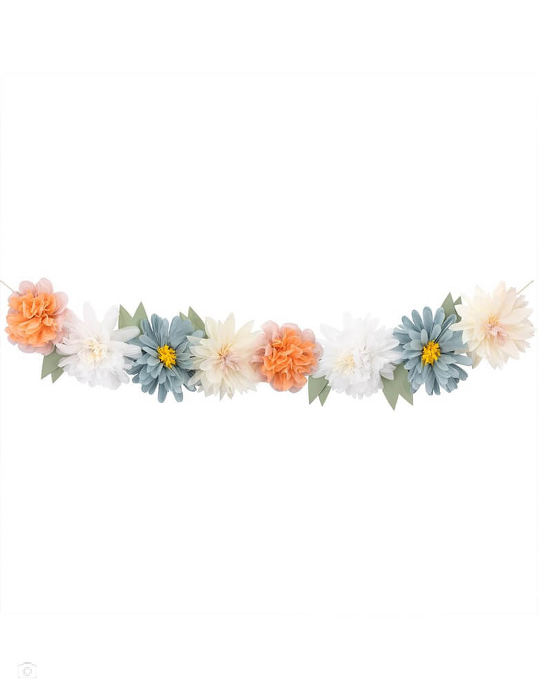 Meri Meri's 8.5 ft pre-strung giant flowers in bloom garland featuring beautiful flowers in peach, white, dusky blue,cream, yellow and dusky pink, made with tissue paper, along with green leaves, perfect for an Easter celebration or garden themed birthday party or gatherings in springtime.
