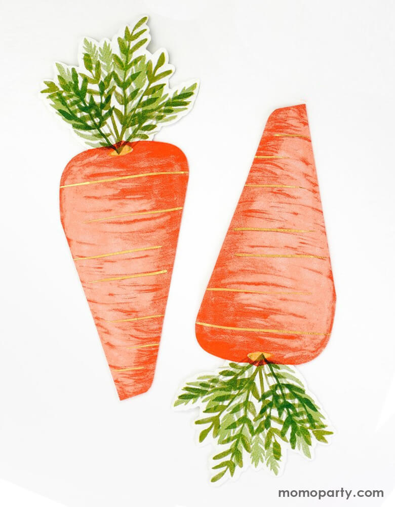 Momo Party's Foiled Carrot Napkins By Meri Meri. These napkins are crafted in the shape of a carrot, with a leafy top detail and gold foil detail adds a stylish touch. They are perfect for an Easter celebration, or for any party with a nature or bunny theme.