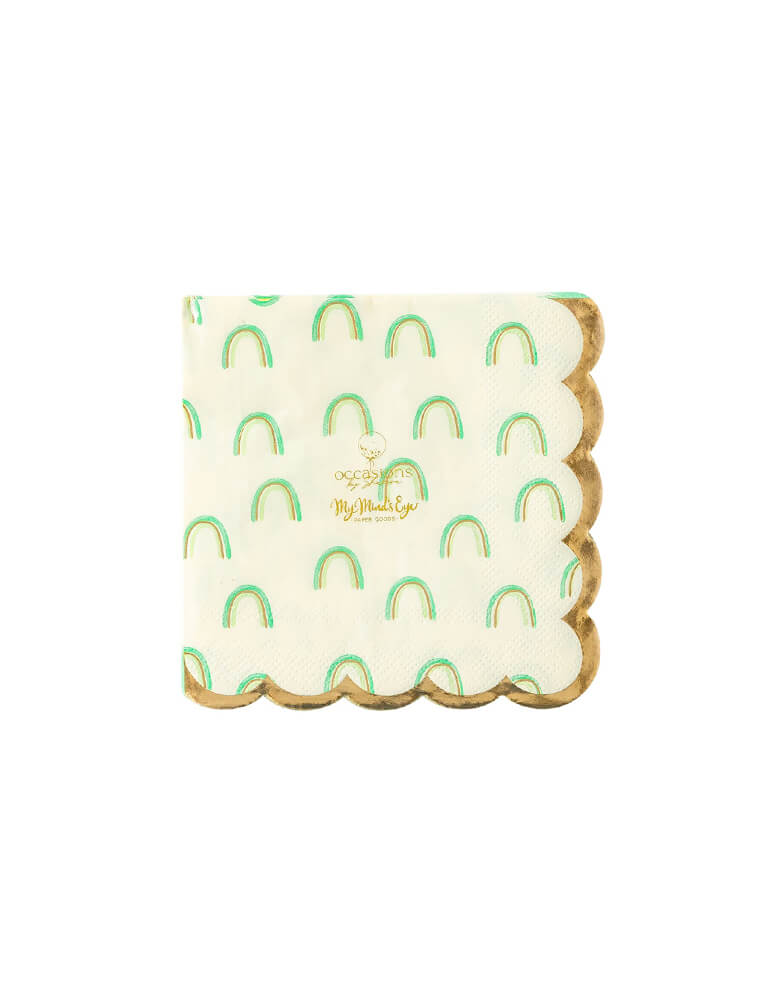 Momo Party's Foiled Rainbow Scallop Small Napkins by My Mind's Eye. Featuring a sweet pastel color palette with foil scallop print on the edge, these shaped napkins are the perfect accent for any St. Patrick's Day table where a magical charm is required.