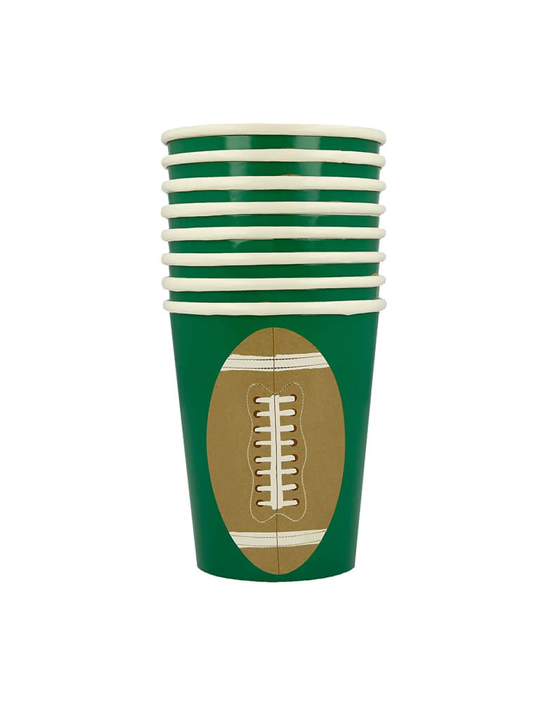 Momo Party's 9oz football cup by Meri Meri, come in as a set of 8 cups, featuring a football illustration on green, this set of party cups are prefect for kid's football themed birthday party, a Super Bowl party or a viewing party.
