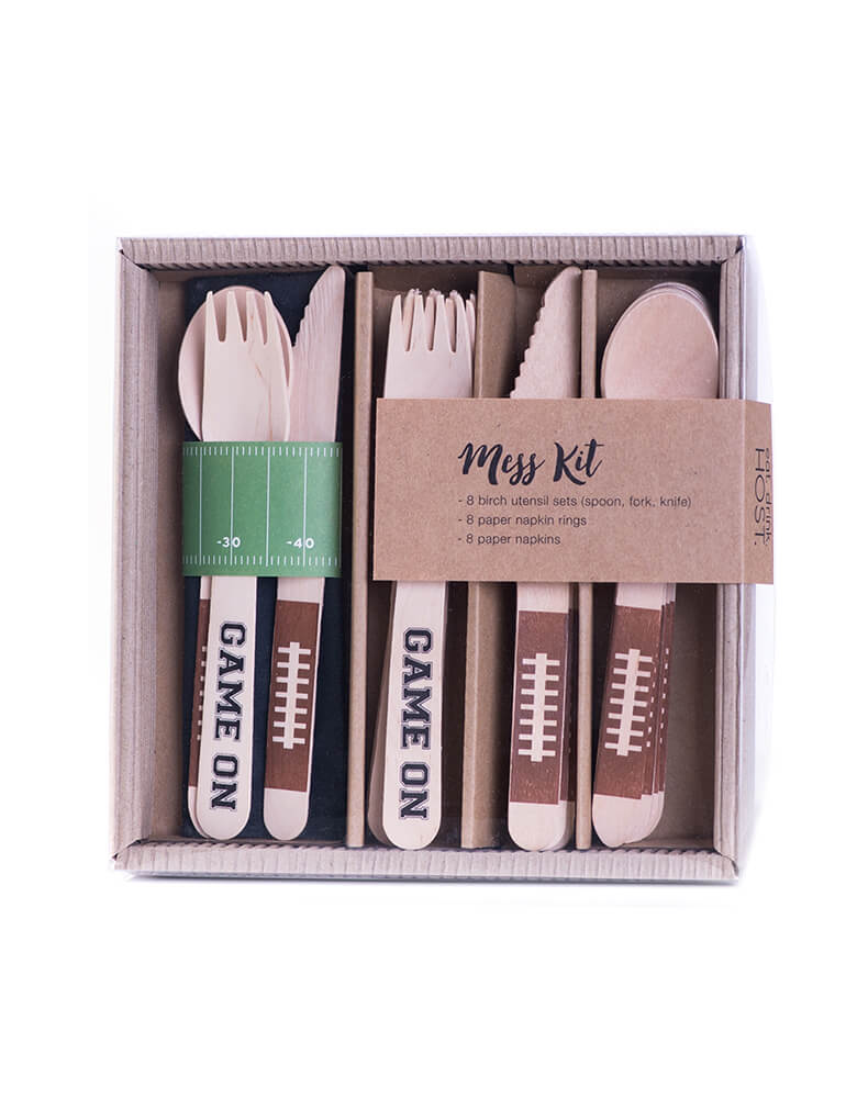 Football Game On Wooden Cutlery Kit. This cutlery kit is perfect for your football themed celebration! Each kit comes with 8 birch utensil sets (spoon, fork, knife) with football and game on printing, 8 paper football field print napkin rings, and 8 black paper napkins in a hardwood paper box