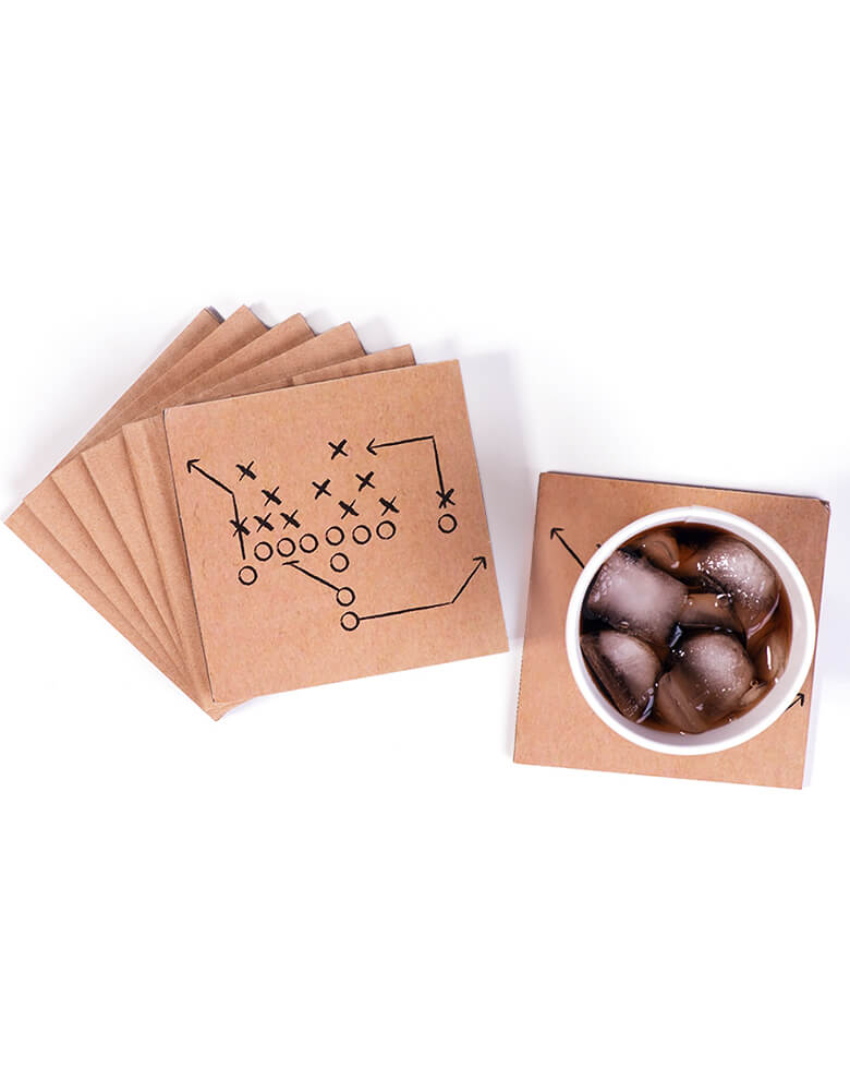 Football Game Play Coasters by Eat Drink Host. Set of 8 corrugated cardboard coasters printed with a fun football play. These sturdy cardboard allows you to use them several times, and then when your done, just recycle them! 