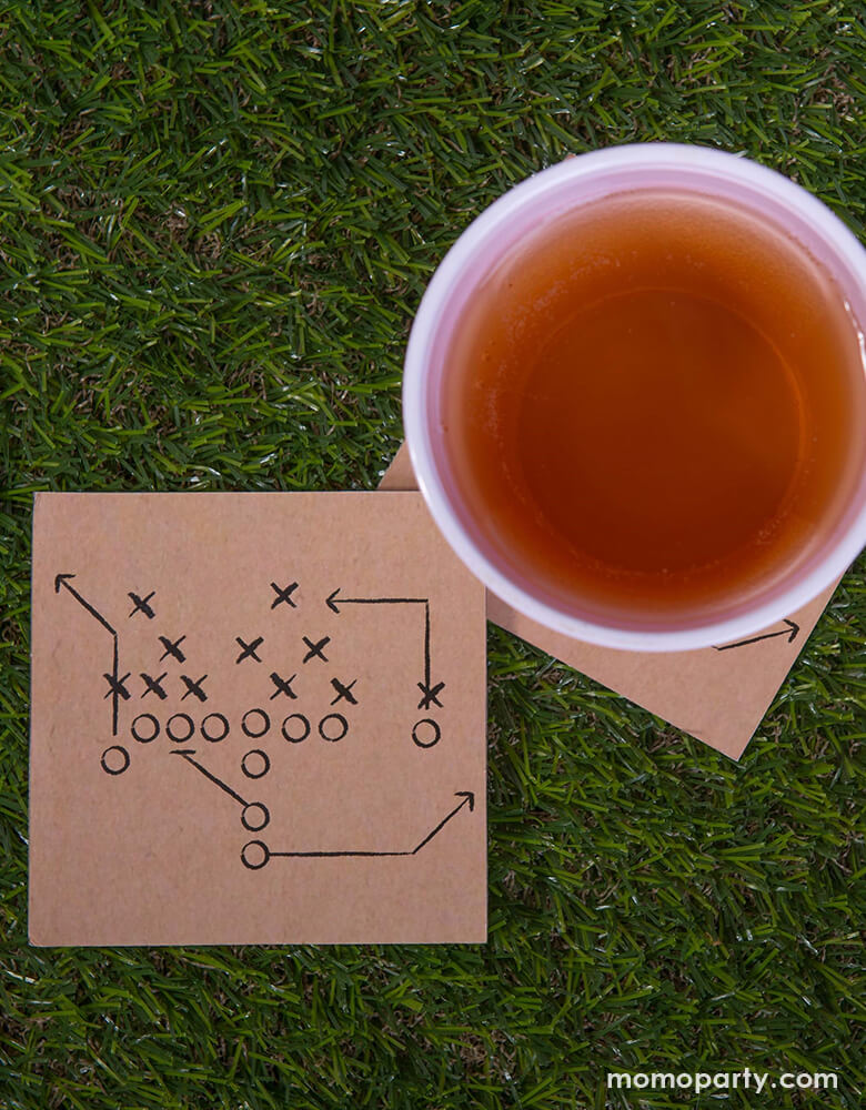 Game day celebration with a cup of beer on the Football Game Play Coasters. These corrugated cardboard coasters printed with a fun football play. These sturdy cardboard allows you to use them several times, and then when your done, just recycle them!